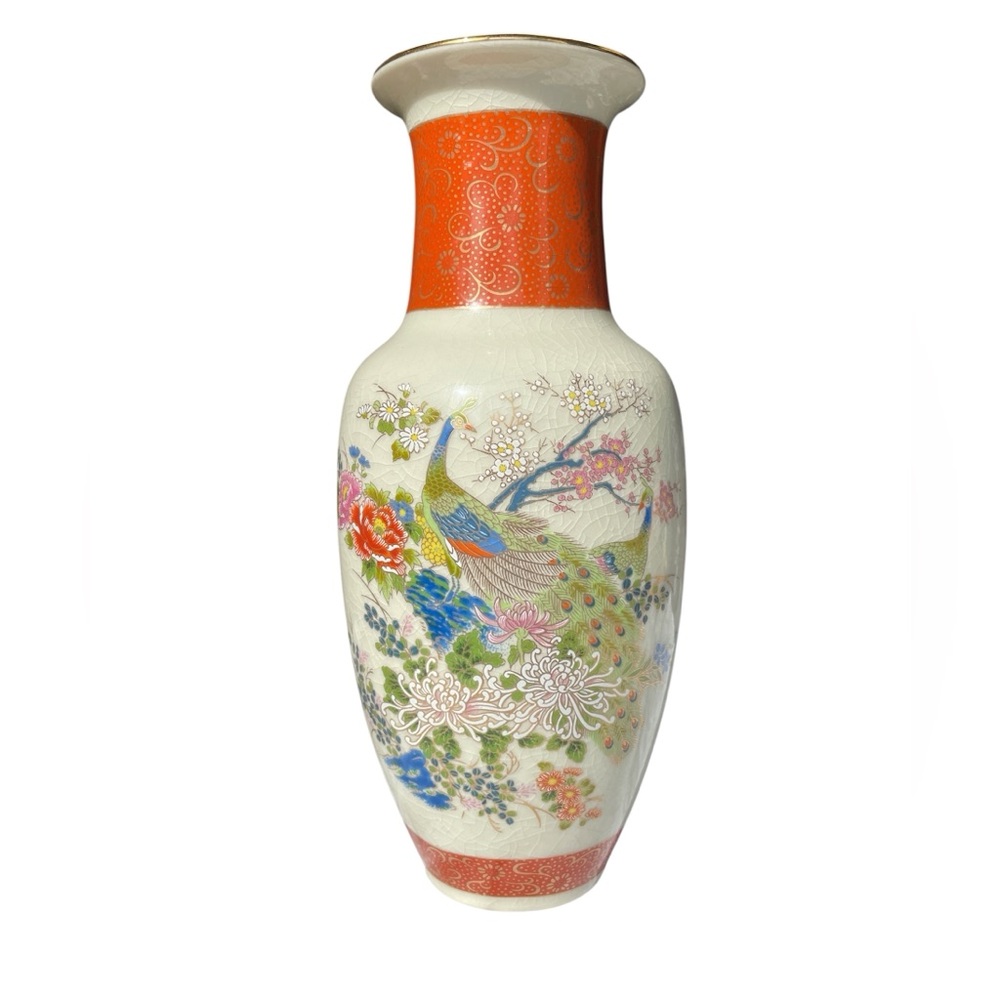 Vintage Satsuma Japan Intricate Orange & Gold Transfer Ware Floral Peacock Vase